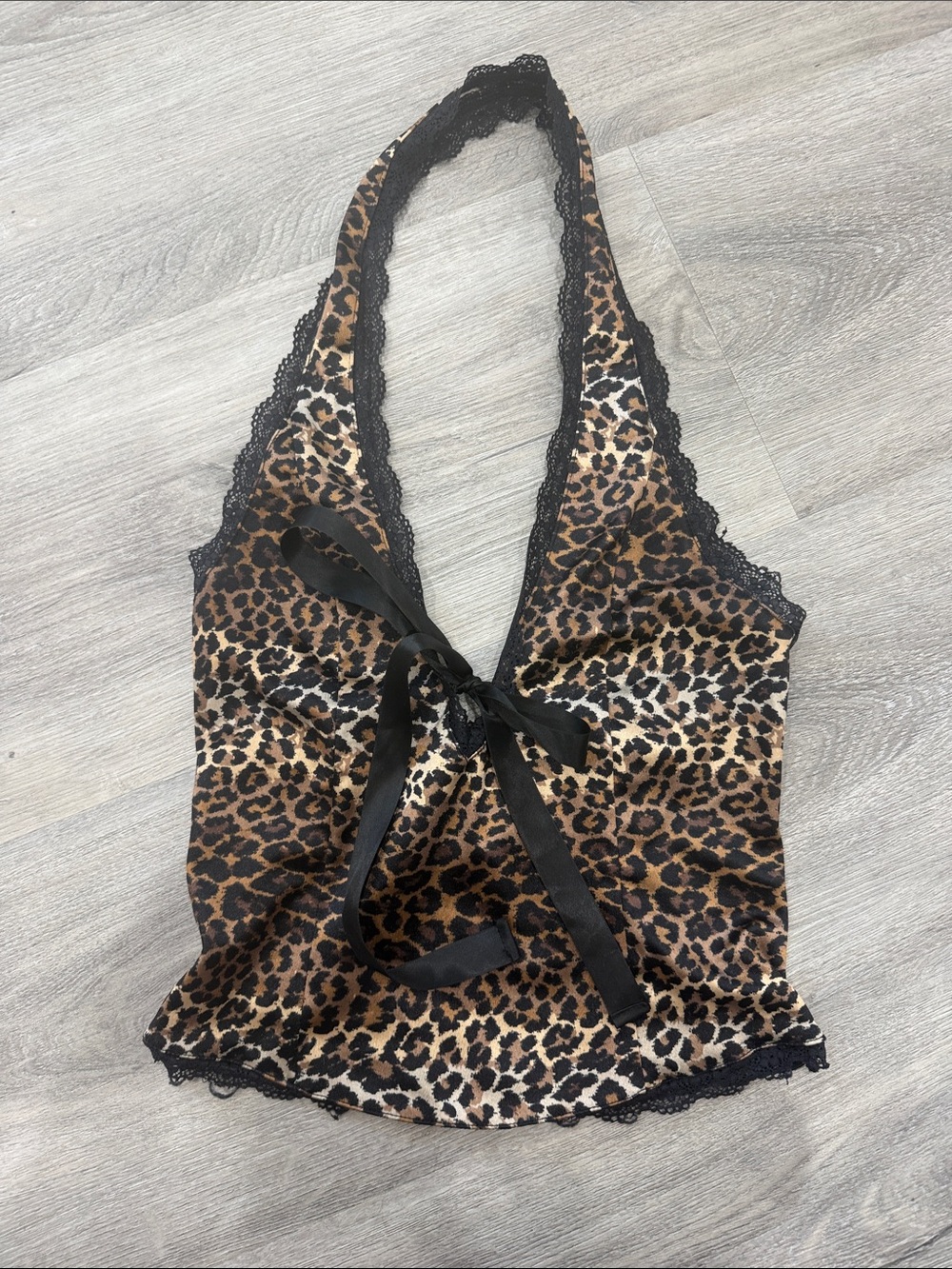 Urban Outfitters Leopard Print Lace Satin Halter Top with Black Bow